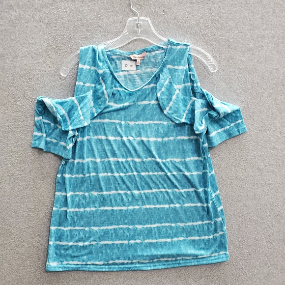 Juicy Couture Women Top Large Blue Striped T-Shirt Cold Shoulder Ruffle - Picture 1 of 8